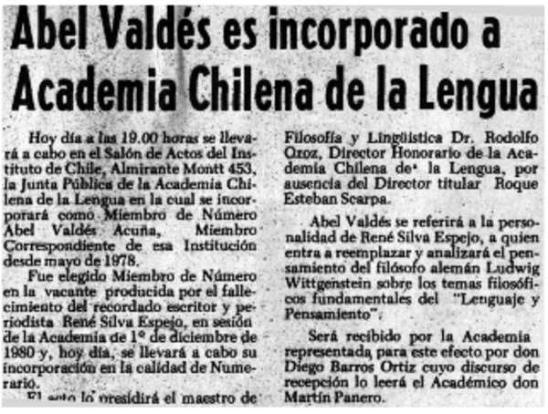 Abel Valdés ves incorporado a Academia Chilena de la Lengua.