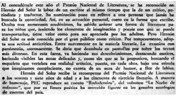 Hernán del Solar, premio nacional.