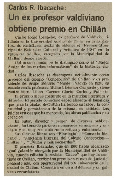 Un ex profesor valdiviano obtiene premio en Chillán.