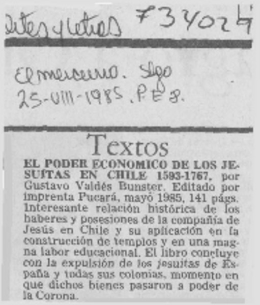 El poder económico de los jesuitas en Chile 1593-1767.