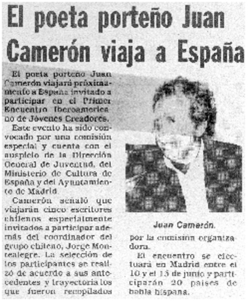 El poeta porteño Juan Camerón viaja a España.