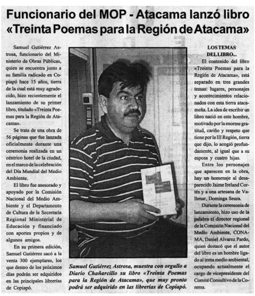 Funcionario del MOP-Atacama lanzó libro "Treinta poemas para la Región de Atacama".