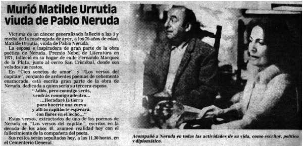 Murió Matilde Urrutia viuda de Pablo Neruda.