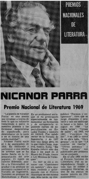 Nicanor Parra, Premio Nacional de Literatura 1969.