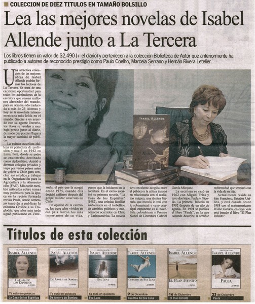 Lea las mejores novelas de Isabel Allende junto a La Tercera