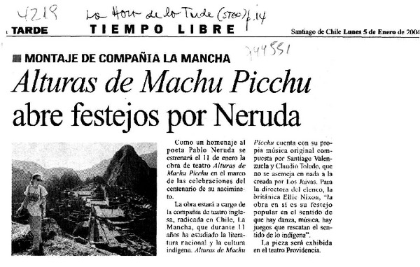 ALturas de Machu Picchu abre festejos por Neruda