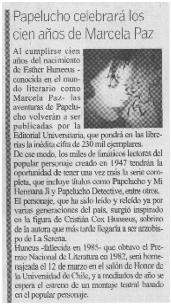 Papelucho celebrará los cien años de Marcela Paz.