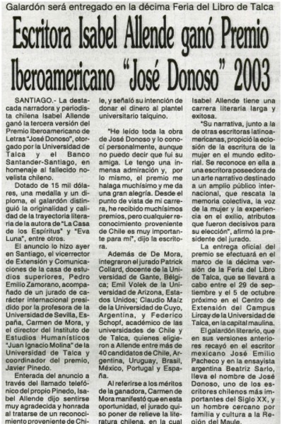 Escritora Isabel Allende ganó Premio Iberoamericano "José Donoso" 2003.