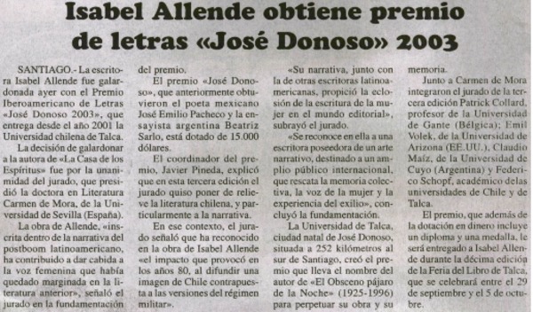 Isabel Allende obtiene premio de letras "José Donoso"