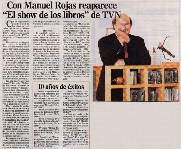 Con Manuel Rojas reaparece "El show de los libros" de tvn.