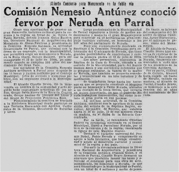 Comisión Nemesio Antúnez conoció fervor por Neruda en Parral