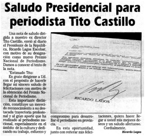 Saludo Presidencial para periodista Tito Castillo