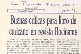 Buenas críticas para libro de curicano en revista Rocinante
