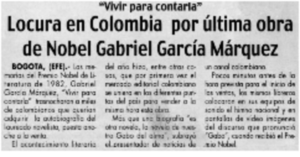 Locura en Colombia por última obra de Nobel Gabriel García Márquez