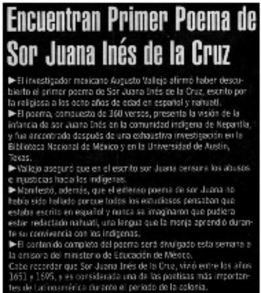 Encuentran Primer Poema de Sor Juana Inés de la Cruz