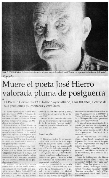 Muere el poeta José Hierro valorada pluma de postguerra.