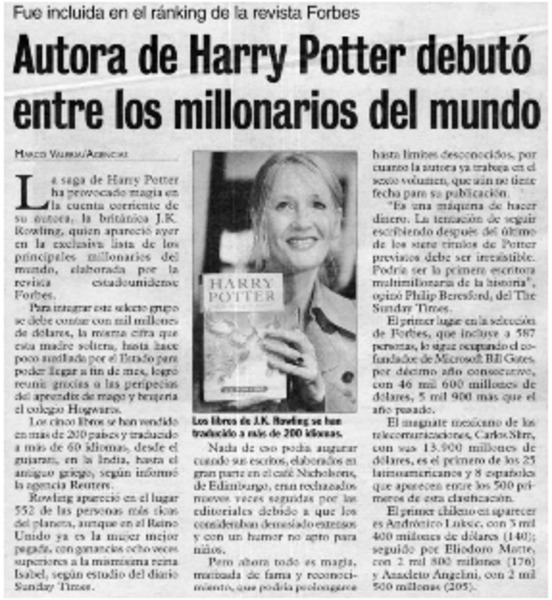 Autora de Harry Potter debutó entre los millonarios del mundo