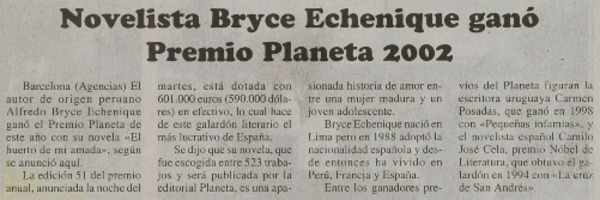Novelista Bryce Echeñique ganó Premio Planeta 2002
