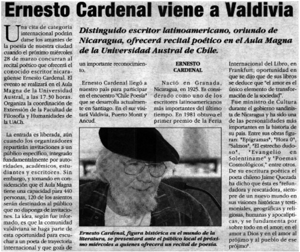 Ernesto Cardenal viene a Valdivia.