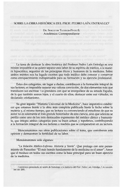 Sobre la obra histórica del prof. Pedro Laín Entralgo