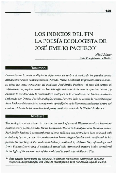 Los indicios del fin: la poesía ecologista de José Emilio Pacheco