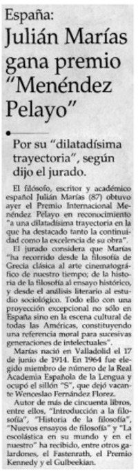 Julián Marías gana premio "Menéndez Pelayo"