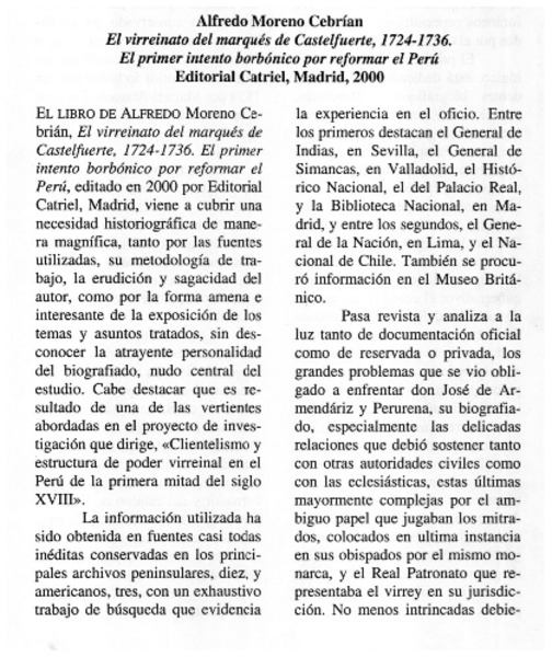 El virreinato del marqués de Castelfuerte, 1724-1736 : el primer intento borbónico por reformar el Perú