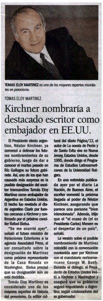 Kirchner nombraría a destacado escritor como embajador en EE.UU.