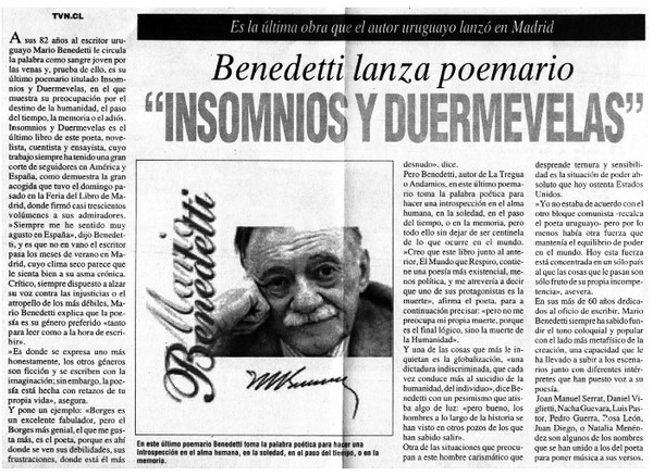 Benedetti lanza poemario "Insomnios y duermevelas".