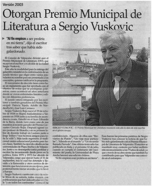 Otorgan Premio Municipal de Literatura a Sergio Vuskovic.