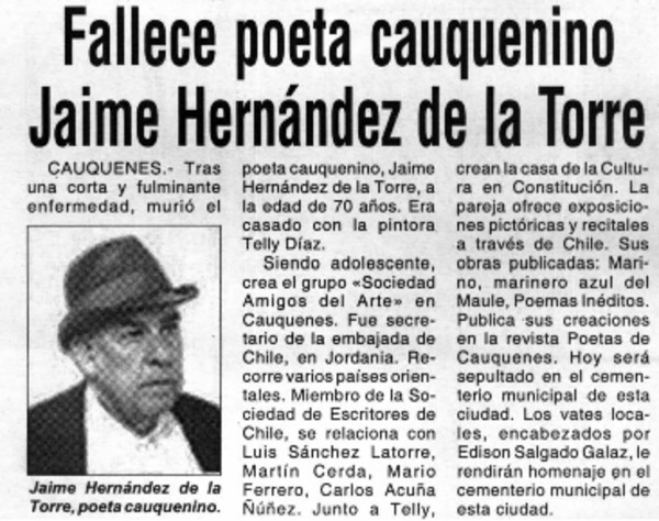Fallece poeta cauquenino Jaime Hernández de la Torre.