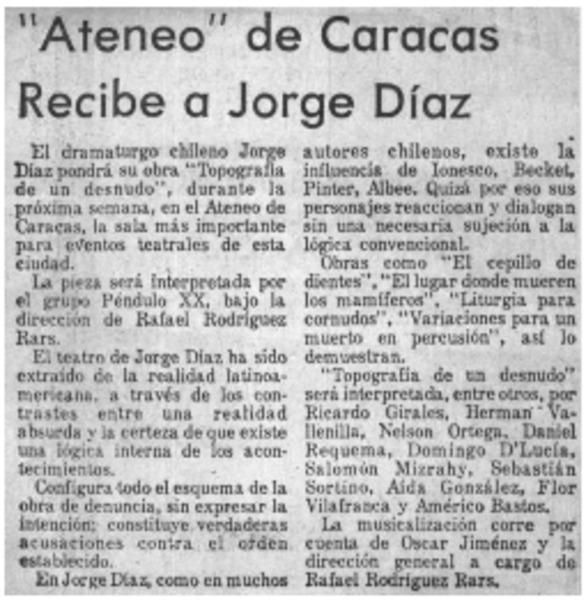 "Ateneo" de Caracas recibe a Jorge Díaz.