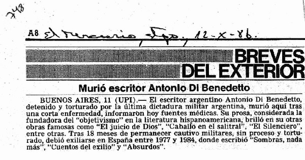 Murió escritor Antonio Di Benedetto.