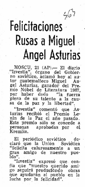 Felicitaciones rusas a Miguel Angel Asturias.