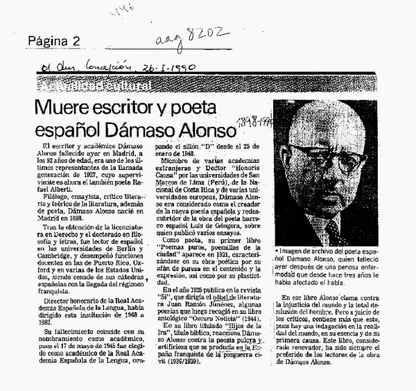 Muere escritor y poeta español Dámaso Alonso.