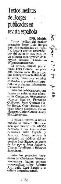 Textos inéditos de Borges publicados en revista española.