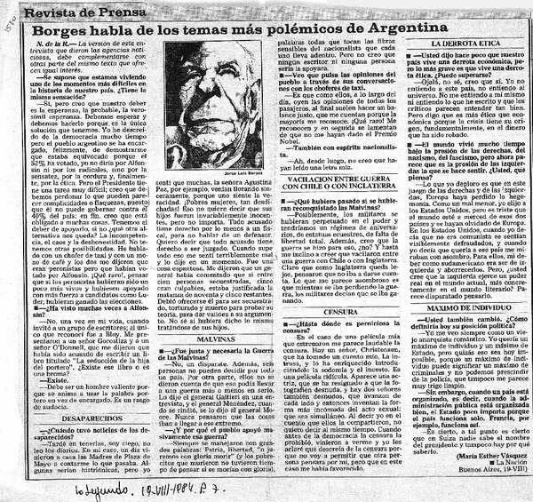 Borges habla de los temas más polémicos de Argentina