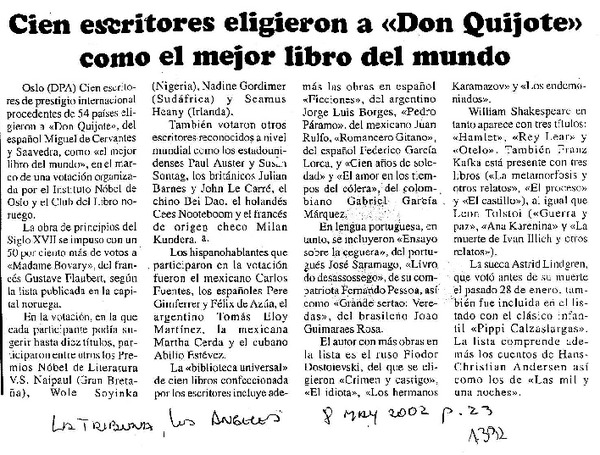 Cien escritores eligieron a "Don Quijote" como el mejor libro del mundo.