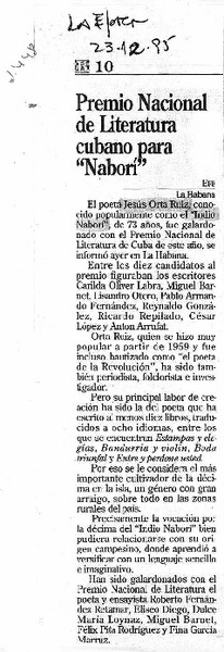 Premio Nacional de Literatura cubano para "Naborí".