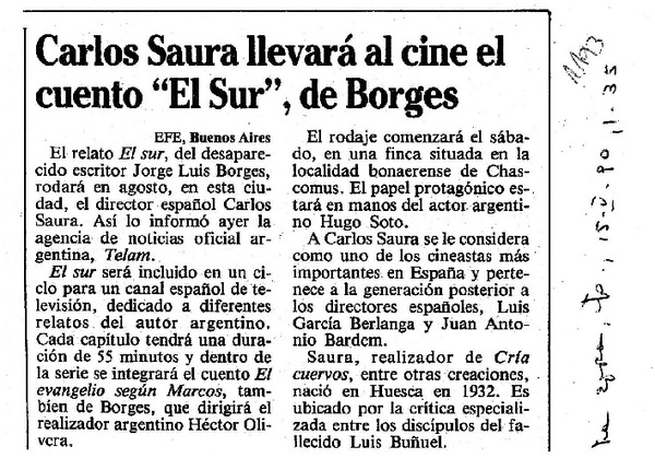Carlos Saura llevará al cine el cuento "El sur", de Borges.