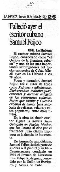 Falleció ayer el escritor cubano Samuel Feijoo.