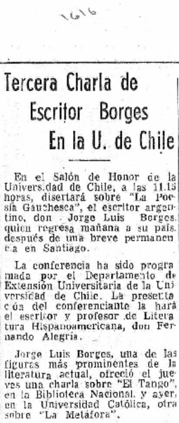 Tercera charla de escritor Borges en la U. de Chile.