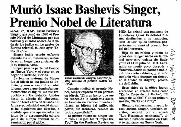 Murió el escritor Isaac Bashevis Singer, Premio Nobel de Literatura