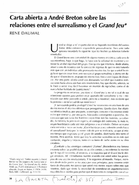 Carta abierta a André Breton sobre las relaciones entre el surrealismo y el Grand Jeu
