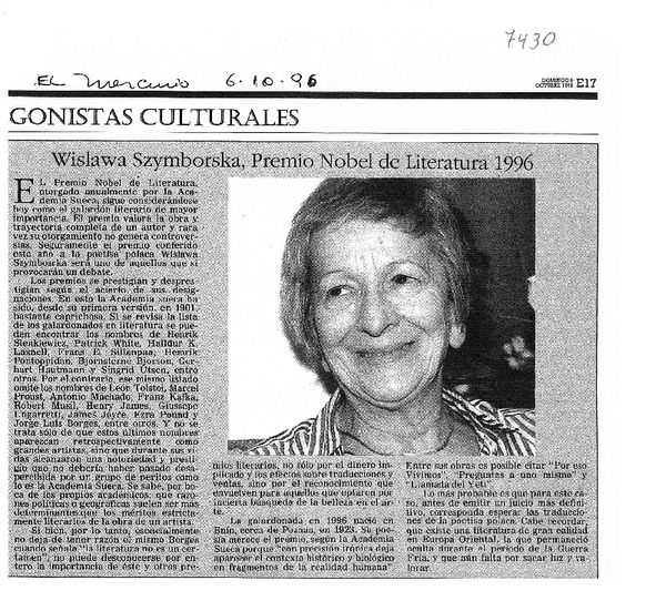 Wislawa Szymborska, Premio Nobel de Literatura 1996.