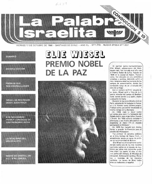 Elie Wiesel Premio Nobel de la Paz.