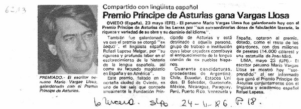 Premio Príncipe de Asturias gana Vargas Llosa.