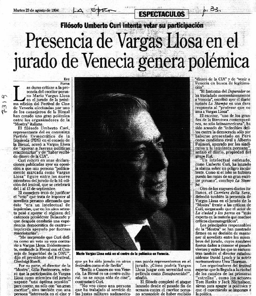 Presencia de Vargas Llosa en el jurado de Venecia genera polémica.