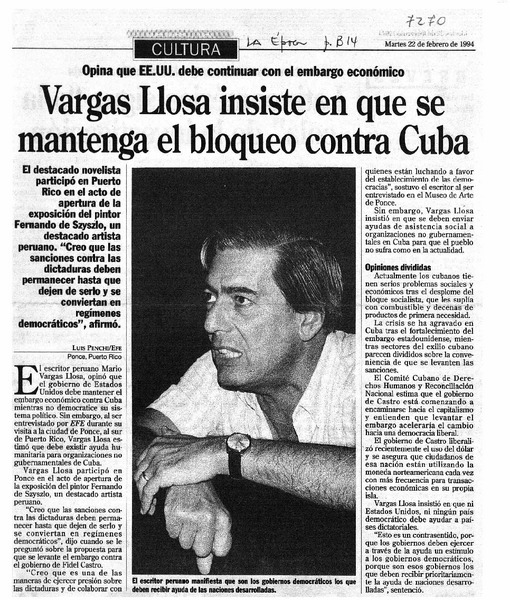 Vargas Llosa insiste en que se mantenga el bloqueo contra Cuba