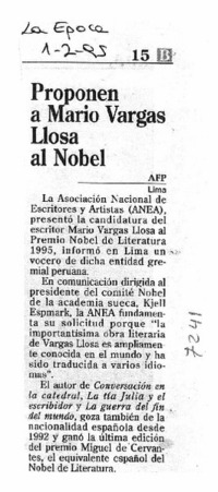 Proponen a Mario Vargas Llosa al Nobel.